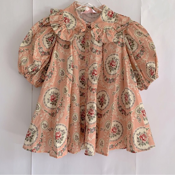 Selkie Tops - Selkie Cream Puff Blouse Rapunzel Puff sleeve oversized Pan collar floral print